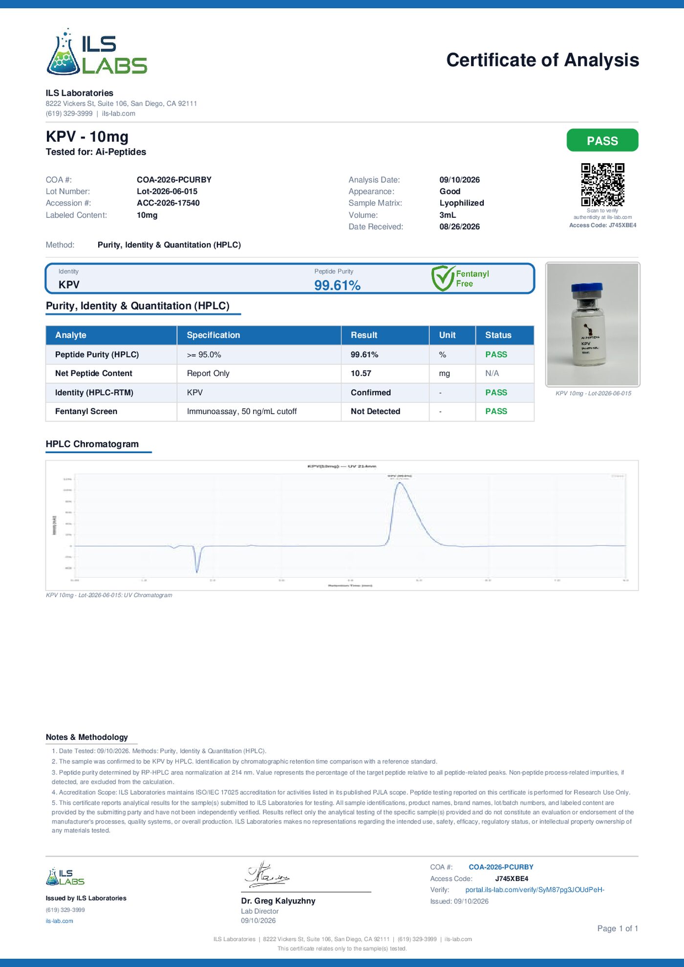 Certificate of Analysis for KPV coa, page 1, third-party lab report