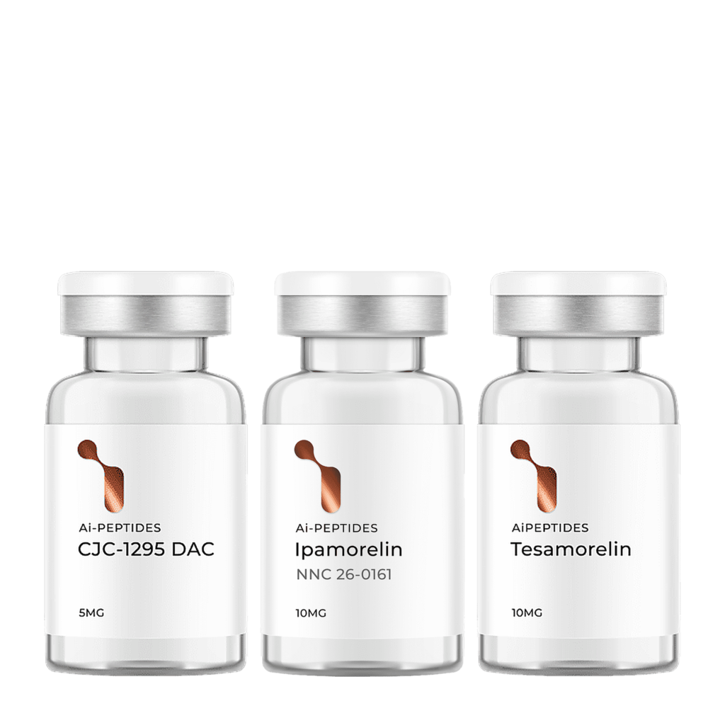 Over-35 Optimization peptide stack, BPC-157, TB-500, CJC-1295 DAC and AOD-9604 vials from Ai-Peptides