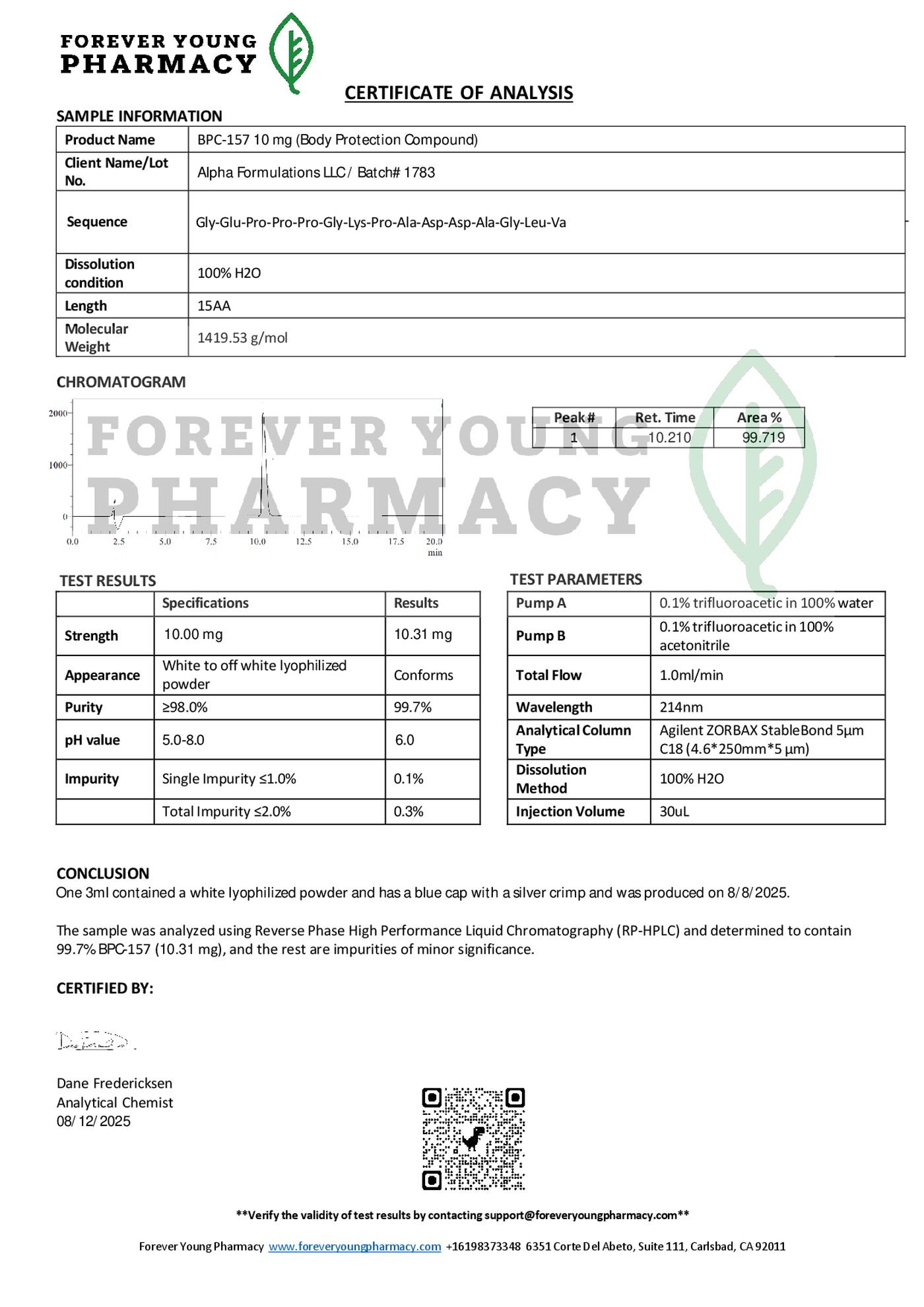 Certificate of Analysis for BPC-157 10mg Blue – COA – Alpha Formulations LLC – 08.12.2025 (1), page 1, third-party lab report