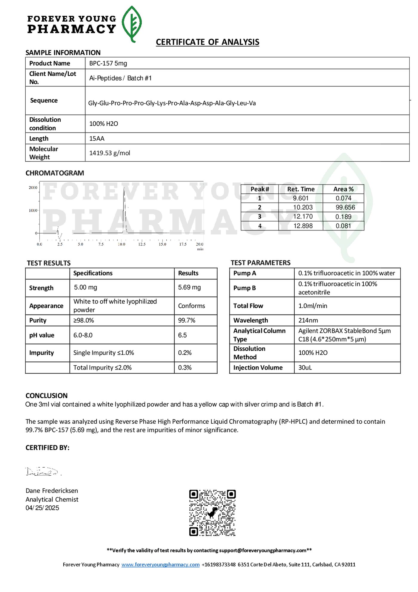 Certificate of Analysis for BPC-157 COA, page 1, third-party lab report