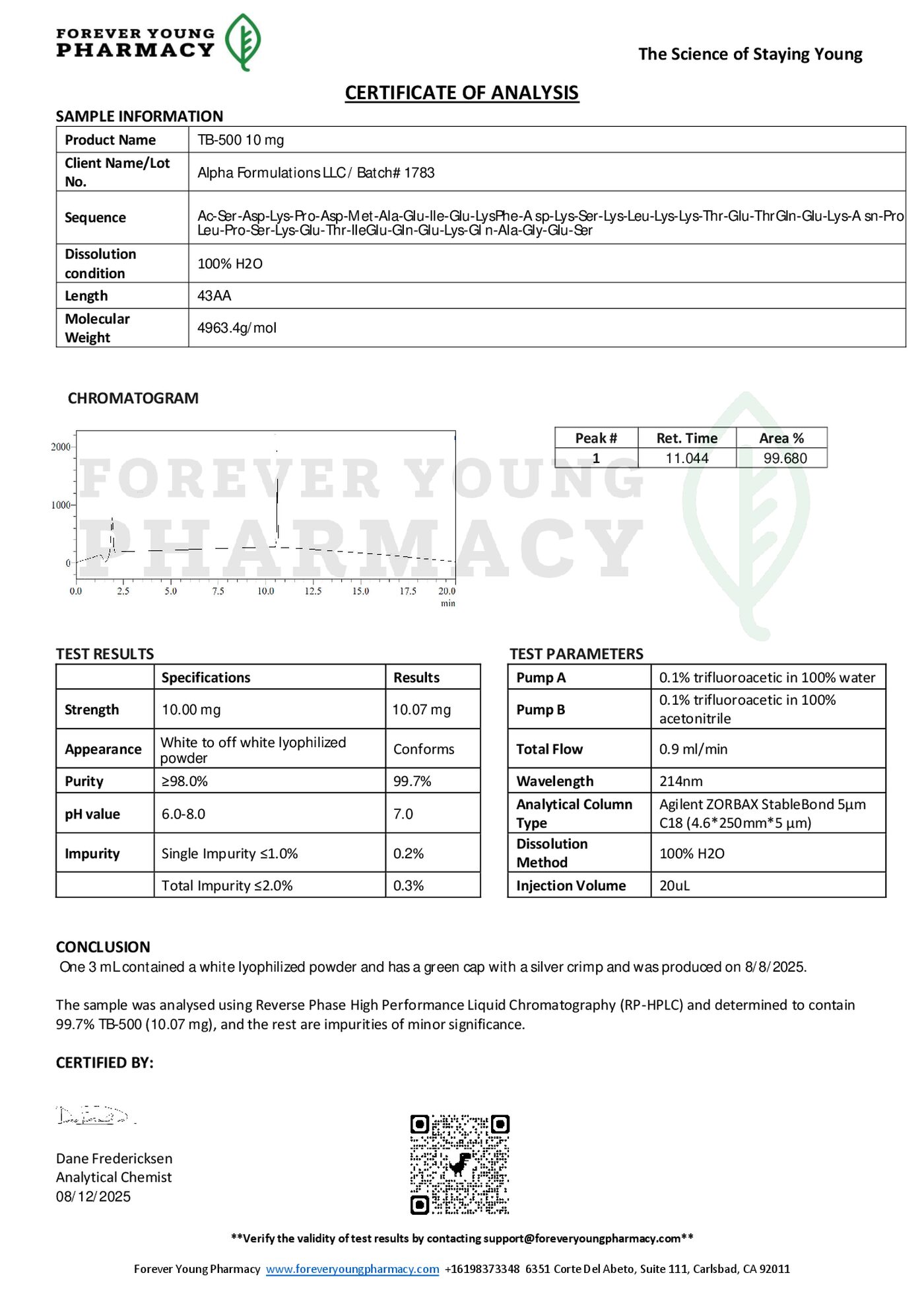 Certificate of Analysis for TB-500, page 1, third-party lab report