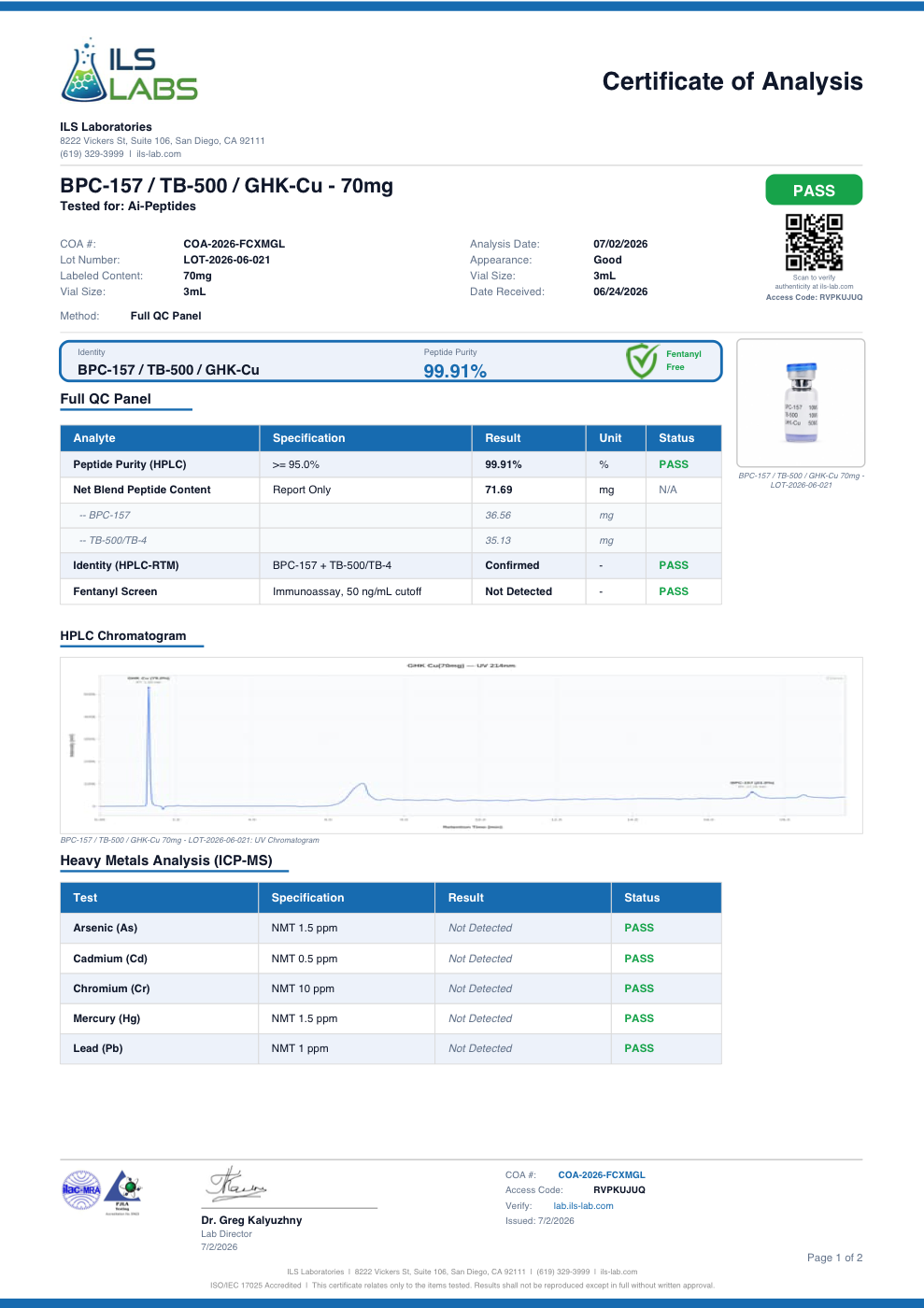 Certificate of Analysis for the GLOW blend 70mg research vial, lot LOT-2026-06-021, full QC panel with purity, identity, heavy metals, and chromatogram